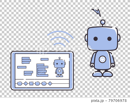 タブレットでロボットのプログラミング学習をするイラストのイラスト素材