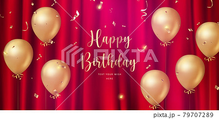 Elegant luxury golden ballon and red silk curtain background Happy Birthday celebration card banner template 79707289