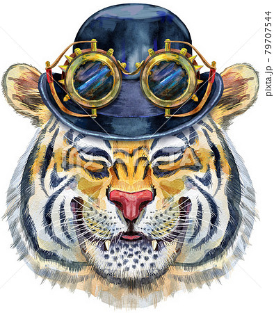 Colorful orange smiling tiger with hat bowlerのイラスト