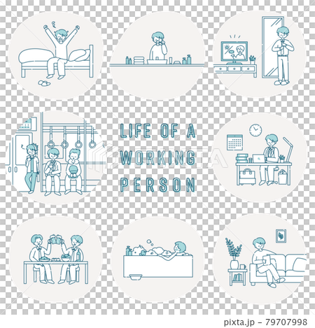 働く男性の1日のイラストセット 働く男性の1日のイラストセット 79707998