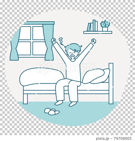 朝起きてベッドの上であくびをする男性のイラスト素材