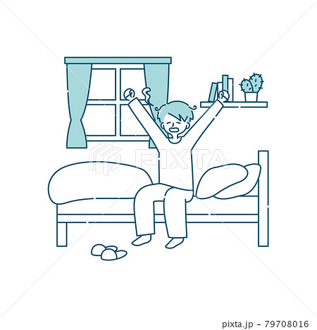 朝起きてベッドの上であくびをする男性のイラスト素材