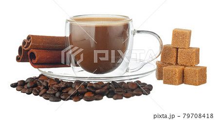 Glass cup of coffee and coffee beans isolated on white Glass cup of coffee and coffee beans isolated on white 79708418