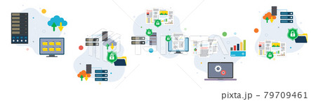 Mainframe, computer, cloud storage, big data, security and protection icons. 79709461