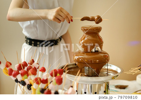 Fondue with a chocolate fountain and sweets for it.Sweet theme Fondue with a chocolate fountain and sweets for it.Sweet theme 79709810
