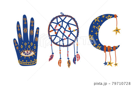Tribal Ethnic Elements with Dreamcatcher and Hand Palm with Eye Vector Set 79710728