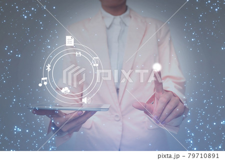 Lady In Uniform Side Standing Holding Tablet In Hand Virtually Toching On Screen. Bussiness Woman Carrying Tab Writing New Futuristic Technologies. Lady In Uniform Side Standing Holding Tablet In Hand Virtually Toching On Screen. Bussiness Woman Carrying Tab Writing New Futuristic Technologies. 79710891