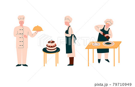 Chef Character in Apron and Toque Preparing Food at Restaurant Kitchen Vector Set 79710949
