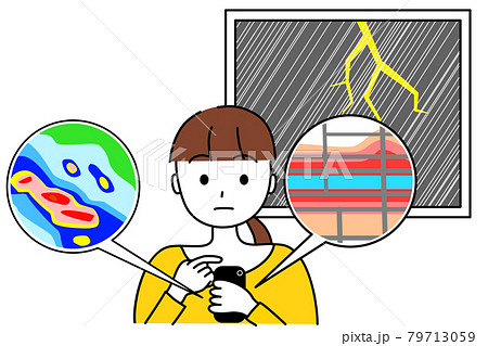 大雨の時にスマホで気象情報やハザードマップを調べる女性 大雨の時にスマホで気象情報やハザードマップを調べる女性 79713059