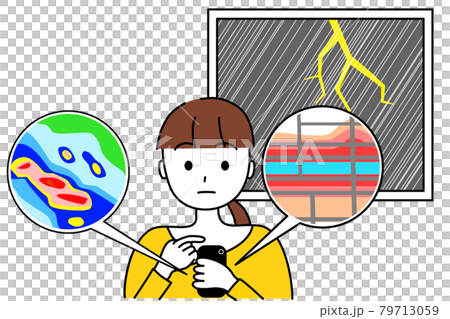 大雨の時にスマホで気象情報やハザードマップを調べる女性 大雨の時にスマホで気象情報やハザードマップを調べる女性 79713059