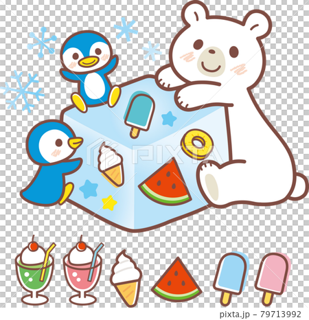 シロクマとペンギンと氷のイラスト＿ライン有のイラスト素材