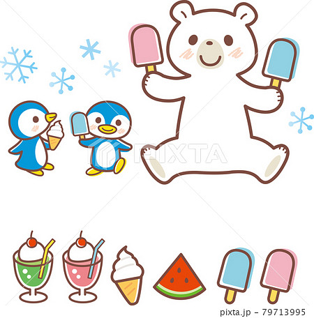 アイスを食べるシロクマとペンギンのイラスト＿ライン有 79713995