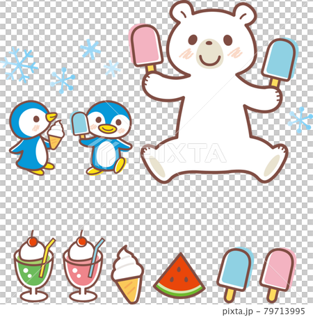 アイスを食べるシロクマとペンギンのイラスト＿ライン有 79713995