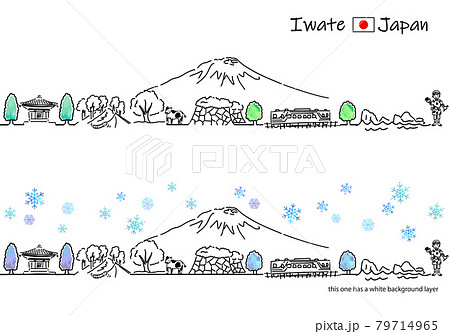 冬の岩手県の街並みのシンプル線画セット 79714965