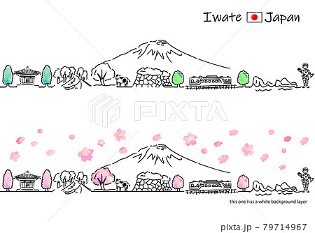 春の岩手県の街並みのシンプル線画セット 79714967