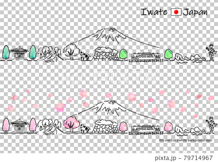 春の岩手県の街並みのシンプル線画セット 79714967