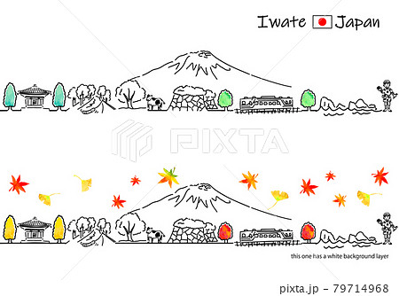 秋の岩手県の街並みのシンプル線画セット 秋の岩手県の街並みのシンプル線画セット 79714968