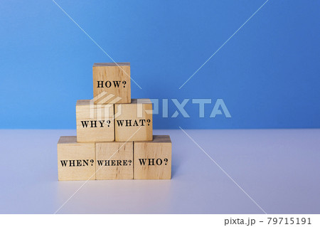 Text on wooden tile block - How why what when where who 79715191