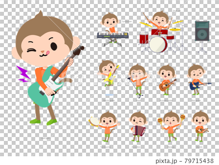 ロックンロールやポップミュージックを演奏するさるの男の子のセット 79715438