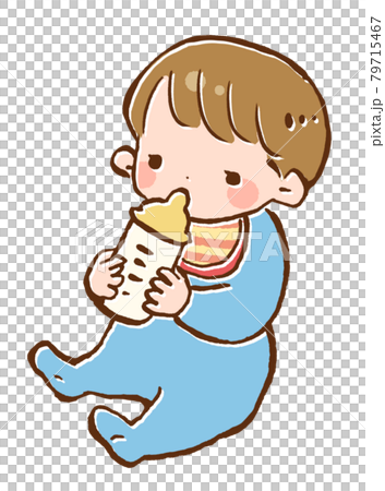 坐著的嬰兒用奶瓶喝牛奶的插圖 坐著的嬰兒用奶瓶喝牛奶的插圖 79715467