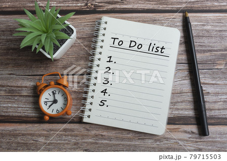 Text on notepad with pen, alarm clock and potted plant on wooden desk 79715503