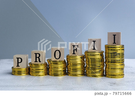 Profit text on wood block with a pile of coins Profit text on wood block with a pile of coins 79715666
