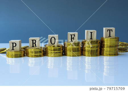 Profit text on wood block with a pile of coins 79715709