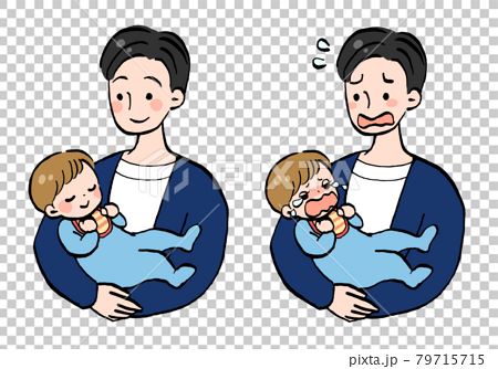 赤ちゃんを抱っこしたお父さんの表情違いイラストセットのイラスト素材