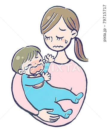 泣く赤ちゃんを抱っこした疲れたお母さんのイラストのイラスト素材