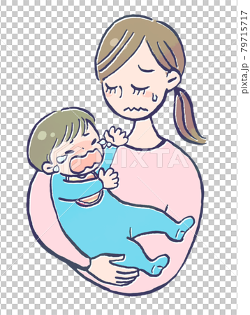 泣く赤ちゃんを抱っこした疲れたお母さんのイラストのイラスト素材