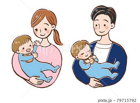赤ちゃんを抱っこしたお母さんとお父さんのイラストセットのイラスト素材