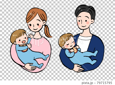 赤ちゃんを抱っこしたお母さんとお父さんのイラストセットのイラスト素材