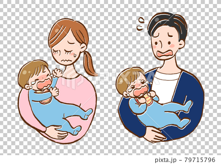 泣く赤ちゃんを抱っこしたお母さんとお父さんのイラストセットのイラスト素材