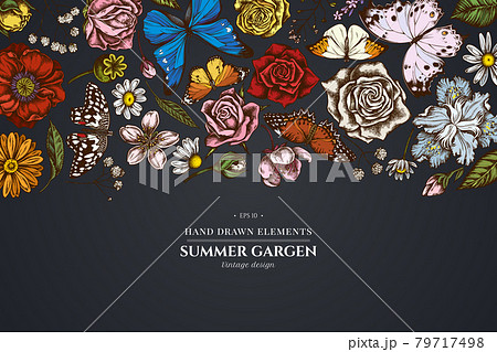 Floral design on dark background with shepherd s purse, heather, iris japonica, sakura, gypsophila Floral design on dark background with shepherd s purse, heather, iris japonica, sakura, gypsophila 79717498