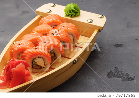 Philadelphia sushi roll on plate close up Philadelphia sushi roll on plate close up 79717865