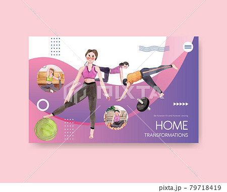 Website template with exercise at home concept,watercolor style 79718419