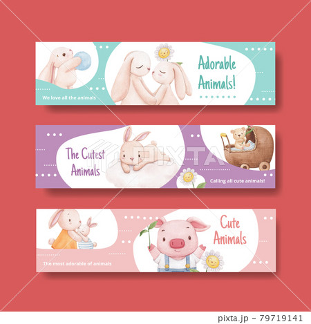 Banner template with adorable animals concept,watercolor style Banner template with adorable animals concept,watercolor style 79719141