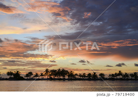 Colorful sunset with silhouettes of palm trees on a tropical island and an airplane high in the sky 79719400