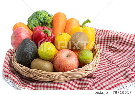 Variety of colorful fresh fruits and vegetables in a basket. Raw organic healthy food. Shopping in grocery store and supermarket. Cooking and eating products isolated on white. Vitamin. Top view 79719617