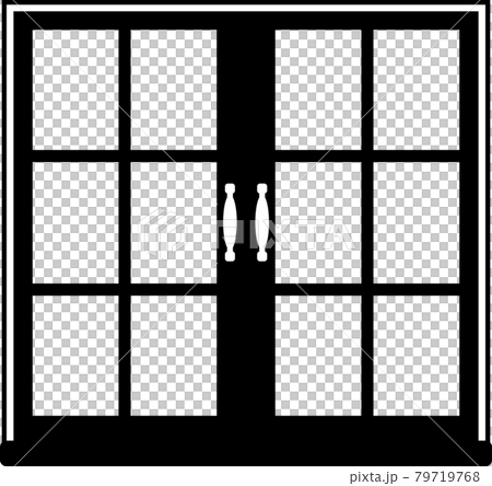 閉じた両開き窓の白黒イラスト 79719768