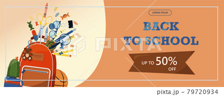 Back to school. Advertising banner, sale, online store, web. Stationery for school, university and office. Cartoon school supplies. Flat illustrations for elementary school. Bright cut out cliparts Back to school. Advertising banner, sale, online store, web. Stationery for school, university and office. Cartoon school supplies. Flat illustrations for elementary school. Bright cut out cliparts 79720934