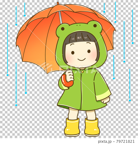 雨の中傘をさしたかっぱの女の子 笑顔のイラスト素材