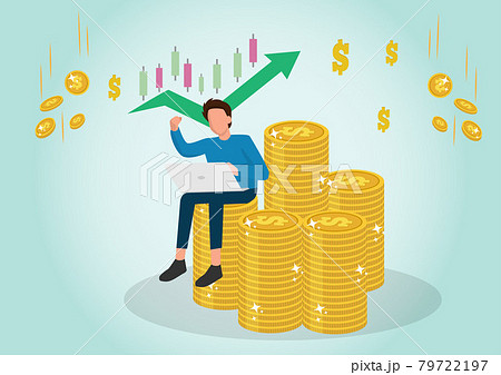 Investor with laptop monitoring growth of dividends. Trader sitting on stack of money, investing capital, analyzing profit graphs. Vector illustration for finance, stock trading, investment concept 79722197