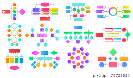 Flowchart infographic diagrams. Block flowchart diagrams, work process structure presentation schemes vector illustration set. Workflow steps schemes 79722636