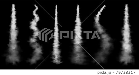 Realistic airplane condensation trails. Space rocket launch. Missile or bullet trail. Jet aircraft Realistic airplane condensation trails. Space rocket launch. Missile or bullet trail. Jet aircraft 79723217