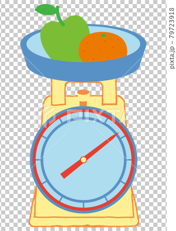 One kitchen scale with green apples and oranges 79723918