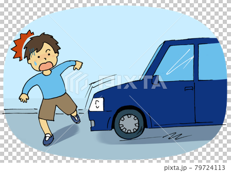 兒童跳出並踩下急剎車的汽車的模擬插圖 79724113