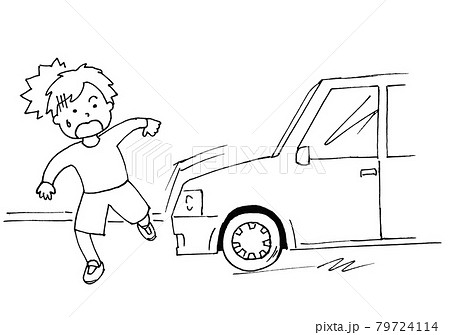子供が飛び出し急ブレーキを踏む車 線画アナログイラストのイラスト素材