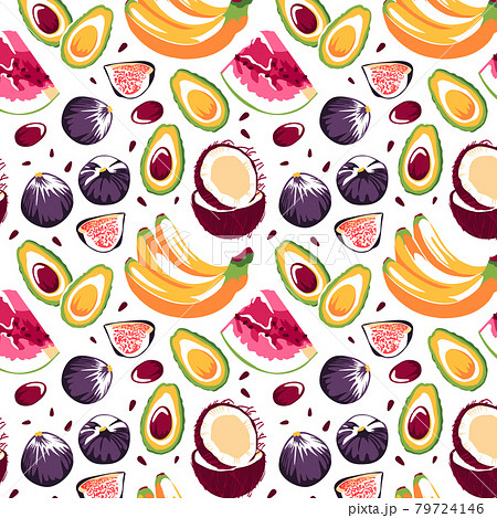 Seamless pattern with bananas, avocado, coconut, figs, watermelon on a white background. Cute vector background. Bright illustration of summer fruits. Design of fruit mixes for fabric and decor.   79724146