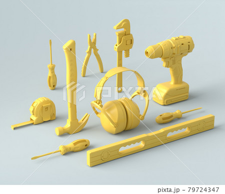 Isometric view of monochrome construction tools for repair on grey and yellow Isometric view of monochrome construction tools for repair on grey and yellow 79724347